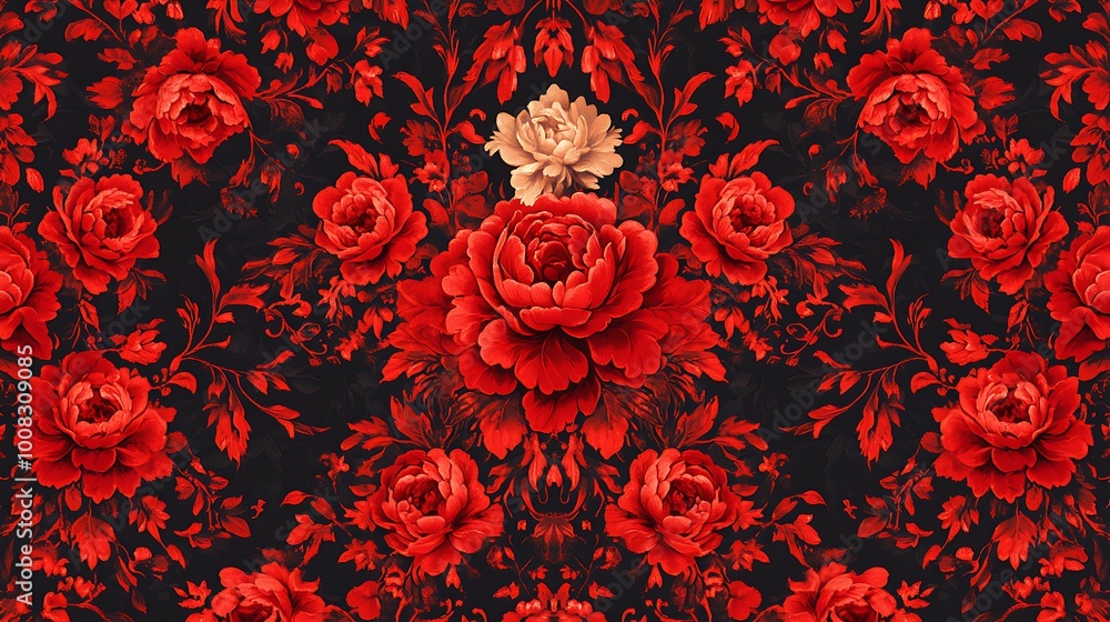 Detailed floral pattern with vibrant red and black colors creating bold wallpaper art Detailed floral pattern with vibrant red and black colors creating bold wallpaper art