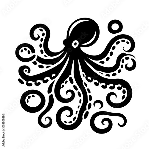 octopus as a simple icon logo mascot black and white, isolated on white background photo