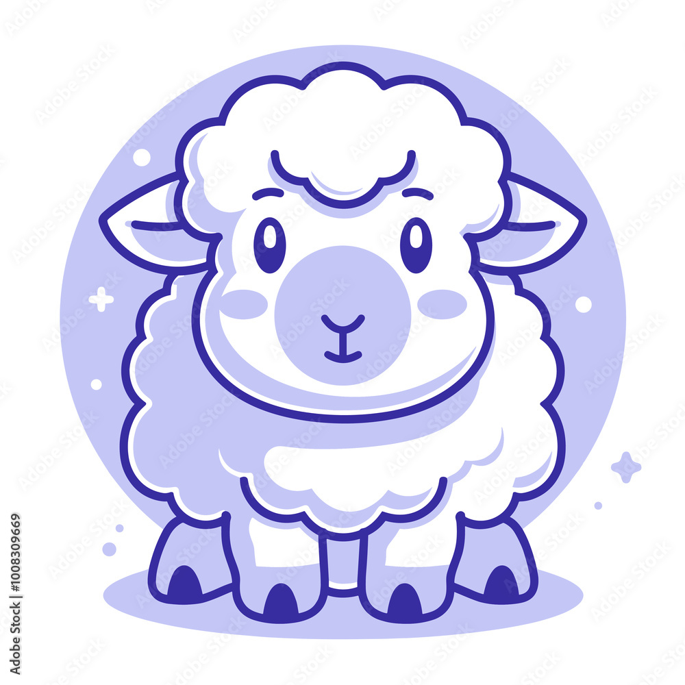 A cute cartoon sheep with a smile on its face. The sheep is sitting on a blue background A cute cartoon sheep with a smile on its face. The sheep is sitting on a blue background