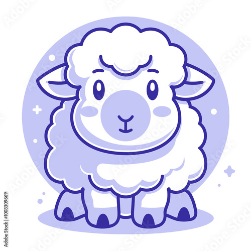 A cute cartoon sheep with a smile on its face. The sheep is sitting on a blue background