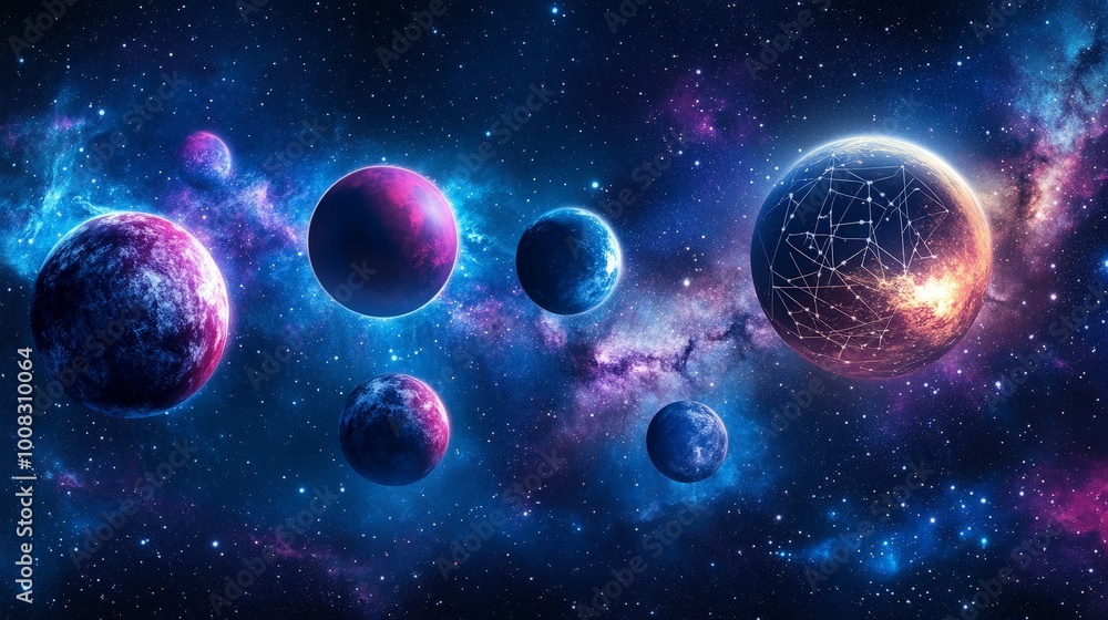 Naklejka premium A cosmic network of planets connected by glowing lines.