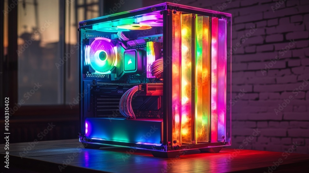 High-end computer case with clear windows, vibrant RGB lighting inside, highlighting powerful hardware for an immersive gaming experience High-end computer case with clear windows, vibrant RGB lighting inside, highlighting powerful hardware for an immersive gaming experience