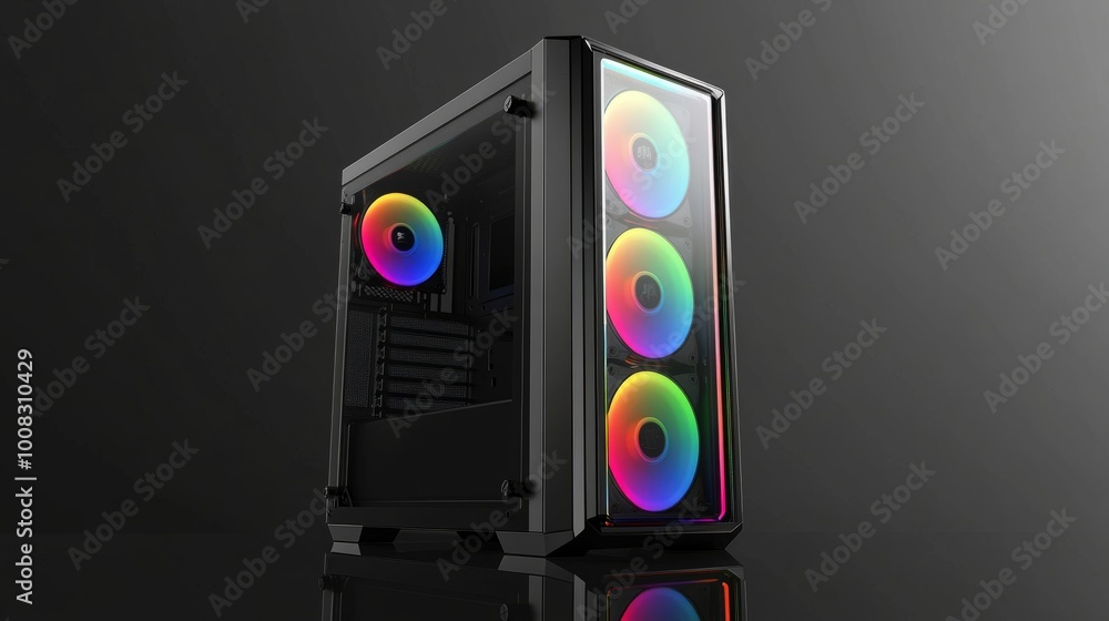 High-end computer case with clear windows, vibrant RGB lighting inside, highlighting powerful hardware for an immersive gaming experience High-end computer case with clear windows, vibrant RGB lighting inside, highlighting powerful hardware for an immersive gaming experience