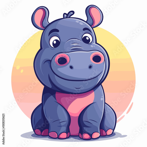 A cute cartoon hippo with a pink nose and a smile. The hippo is sitting on its hind legs and looking at the camera