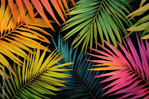 Vibrant tropical palm leaves in colorful montage