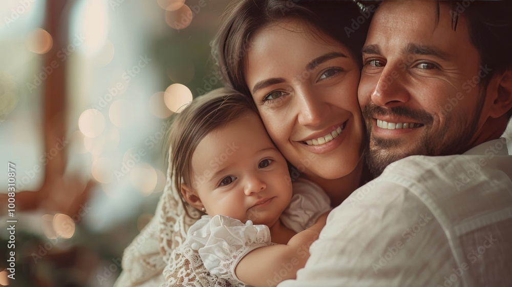 A joyful family portrait by the window during sunset A joyful family portrait by the window during sunset
