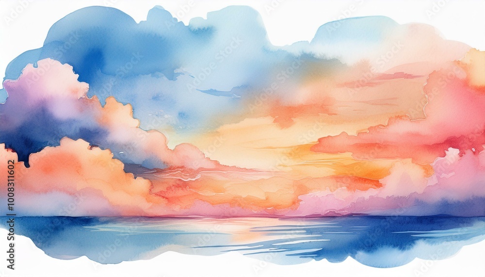 Vibrant watercolor painting of a sunset sky with soft, colorful clouds in shades of pink, blue, and orange, reflecting over water. Vibrant watercolor painting of a sunset sky with soft, colorful clouds in shades of pink, blue, and orange, reflecting over water.