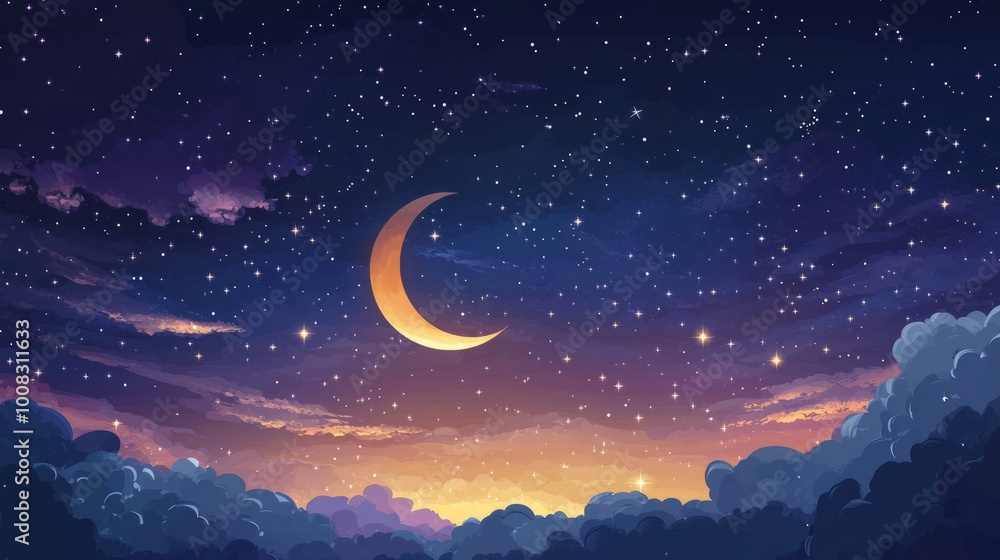 A crescent moon shines brightly in a starry night sky, with clouds below. A crescent moon shines brightly in a starry night sky, with clouds below.