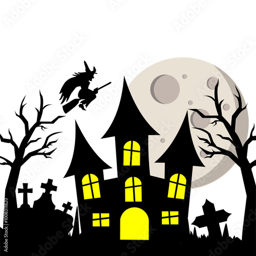 Witch flying over the moon and haunted house