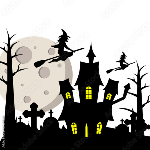 Witch flying over the moon and haunted house