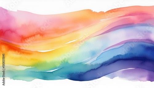 Vibrant abstract watercolor painting featuring a flowing gradient of rainbow colors blending smoothly from warm to cool tones.