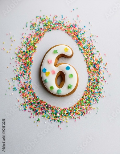 Decorated cookie, number 6, image for birthday or anniversary celebration photo