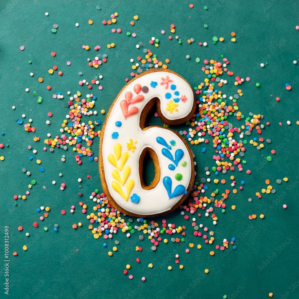 Decorated cookie, number 6, image for birthday or anniversary celebration Decorated cookie, number 6, image for birthday or anniversary celebration