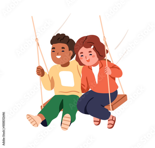 Two kids on swing. Happy boy and girl enjoying outdoor fun together. Joyful excited cute children friends smiling, playing in playground. Flat vector illustration isolated on white background