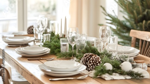 Cozy Farmhouse Dining Room with Natural Wood Table and Festive Greenery Centerpiece