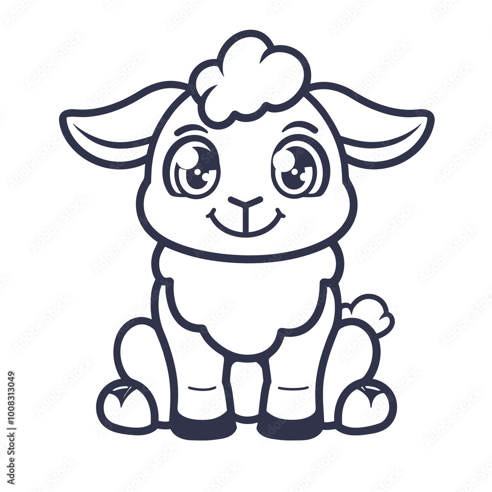 A cute cartoon sheep with a smile on its face. The sheep is sitting down and looking at the camera A cute cartoon sheep with a smile on its face. The sheep is sitting down and looking at the camera