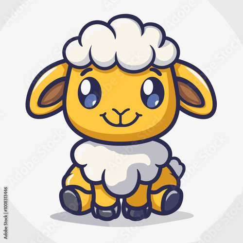 A cartoon sheep with a big smile on its face. The sheep is sitting on a white background
