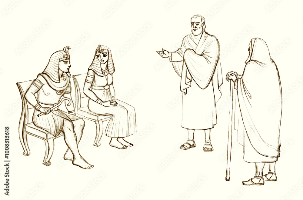 Fototapeta premium Moses and Aaron before Pharaoh. Pencil drawing