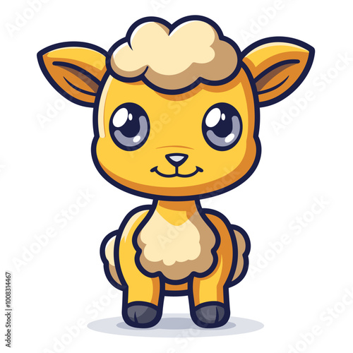 A cute cartoon sheep with a big smile on its face. The sheep is yellow and has a fluffy white coat