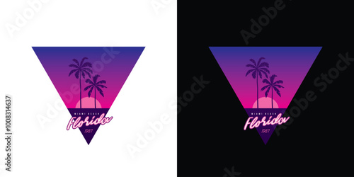 Hand drawn, not by AI! Original vector retro print. Palm trees on sunset background. T-shirt design.