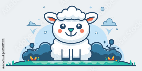 A cartoon sheep is sitting on a grassy field. The sheep is smiling and he is happy