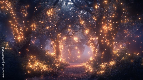 A path through a magical forest lit by fairy lights.