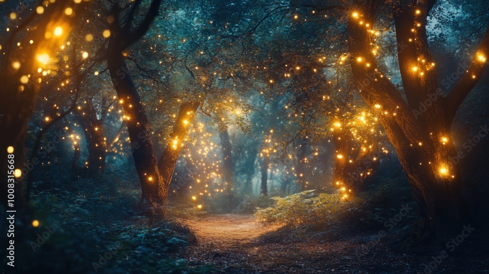 Fototapeta premium Magical Forest Path Illuminated by Fairy Lights.