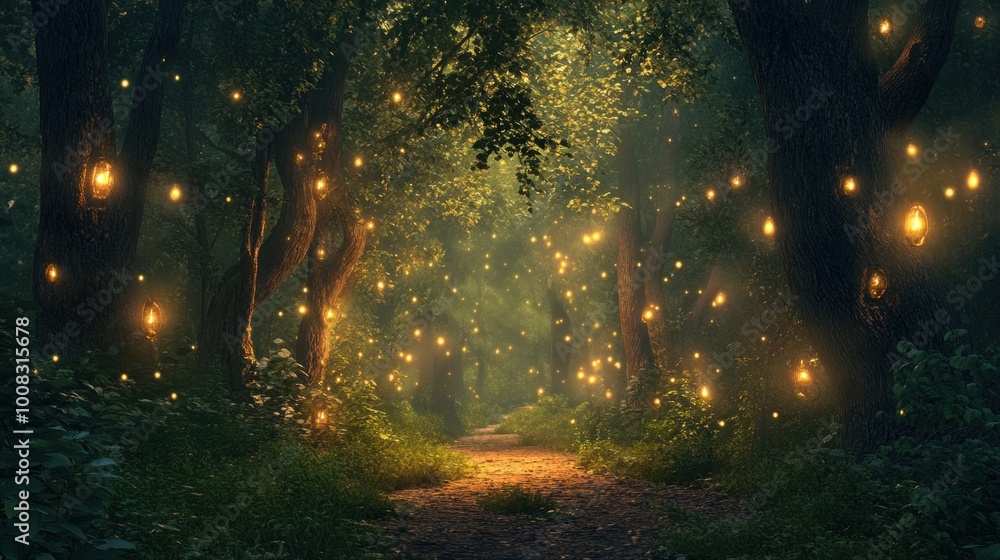 A magical forest path illuminated by glowing lights. A magical forest path illuminated by glowing lights.