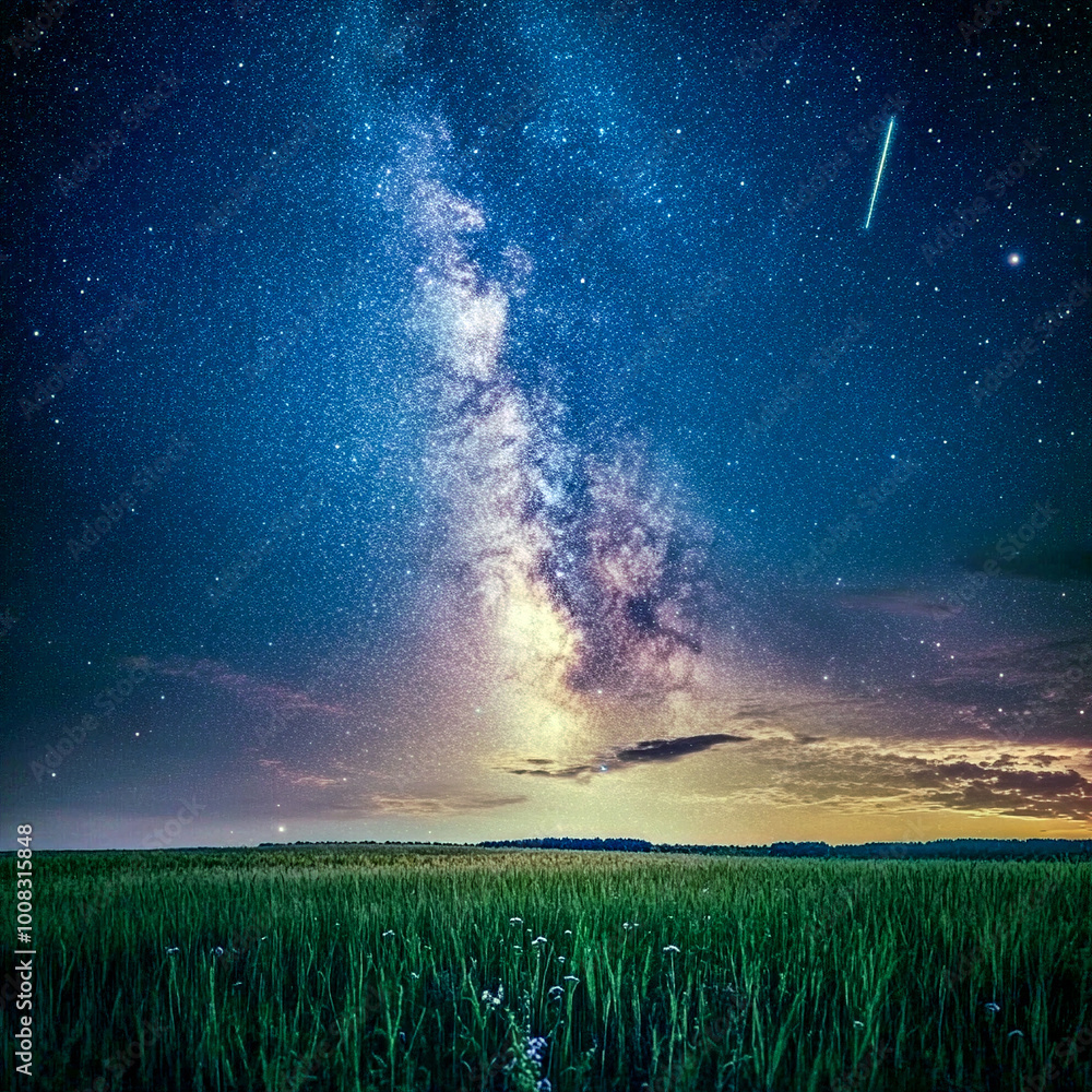 Magical night sky. A stunning view of the night sky studded with stars and milky way over a tranquil field. Meteors fly by, creating an atmosphere of magic and tranquility. Magical night sky. A stunning view of the night sky studded with stars and milky way over a tranquil field. Meteors fly by, creating an atmosphere of magic and tranquility.