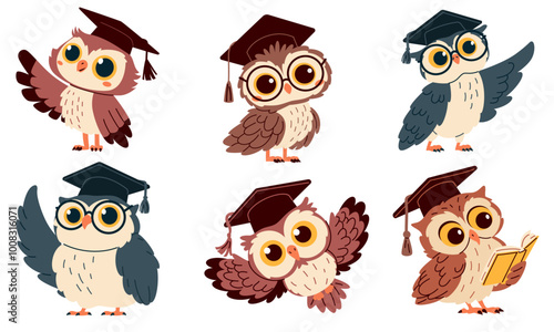 Set of flat vector illustrations in children's style. Cute owls with glasses and graduation hat, pointing with wing and reading books. Vector illustration