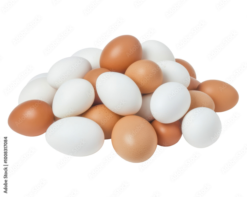 A pile of brown and white eggs arranged together, showcasing their natural colors. A pile of brown and white eggs arranged together, showcasing their natural colors.