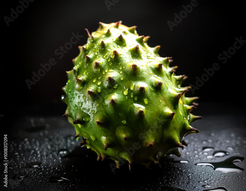 Close-up of fresh Soursop Fruit with water drops on a pitch black background photo