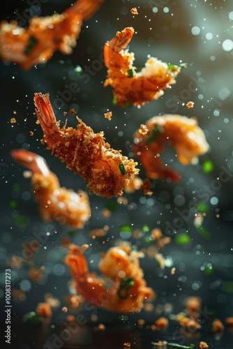 Crispy Fried Shrimp in Mid-Air with Dark Background and Falling Crumbs