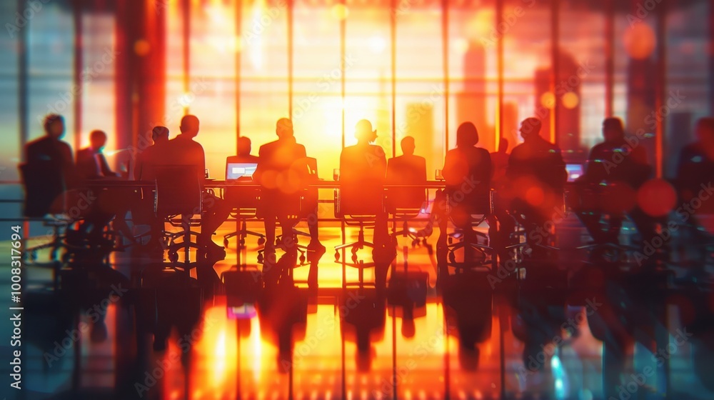 Silhouetted business meeting at sunset in a modern office with city skyline. Silhouetted business meeting at sunset in a modern office with city skyline.