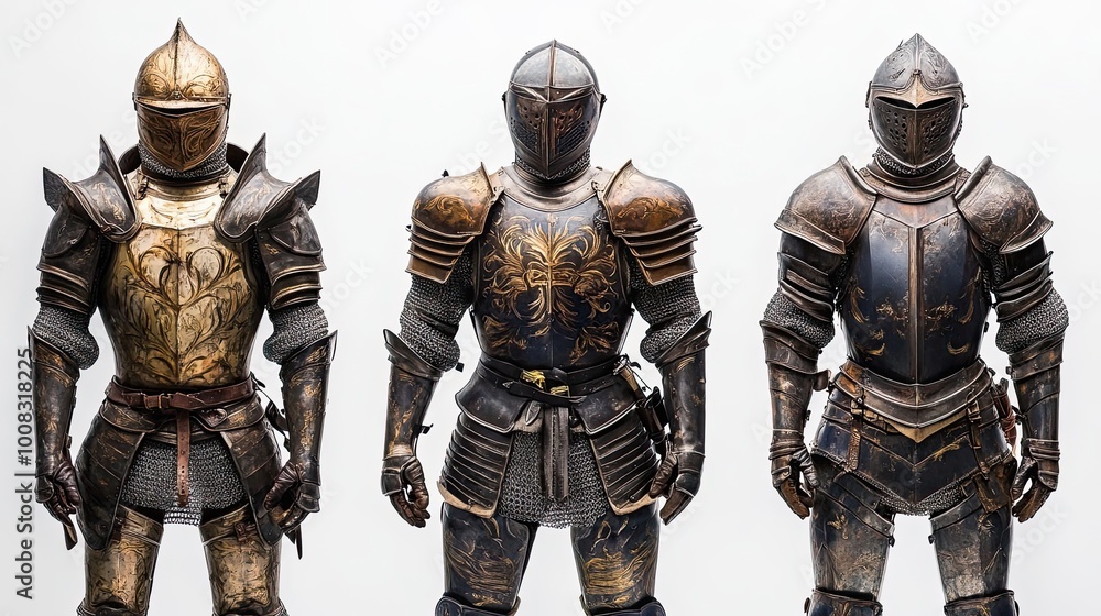 Three Knights in Full Plate Armor Standing in a Row Three Knights in Full Plate Armor Standing in a Row