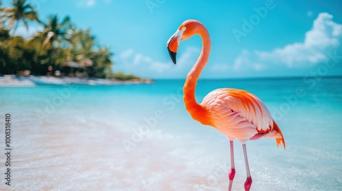 Pink flamingo standing on white sand beach with turquoise water and blue sky in the background.