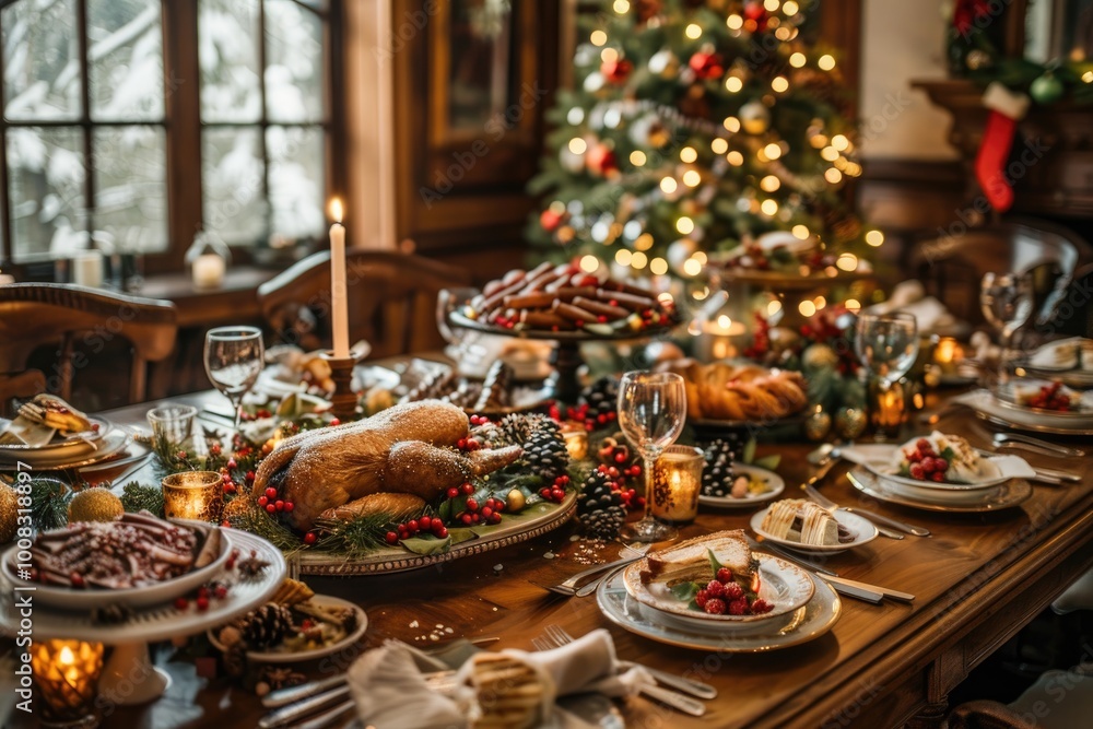 Festive Holiday Dinner Table with Roasted Turkey, Wine, and Candlelight Ambiance Festive Holiday Dinner Table with Roasted Turkey, Wine, and Candlelight Ambiance