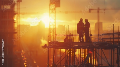 Silhouetted construction workers at sunset on a site, orange sky backdrop.