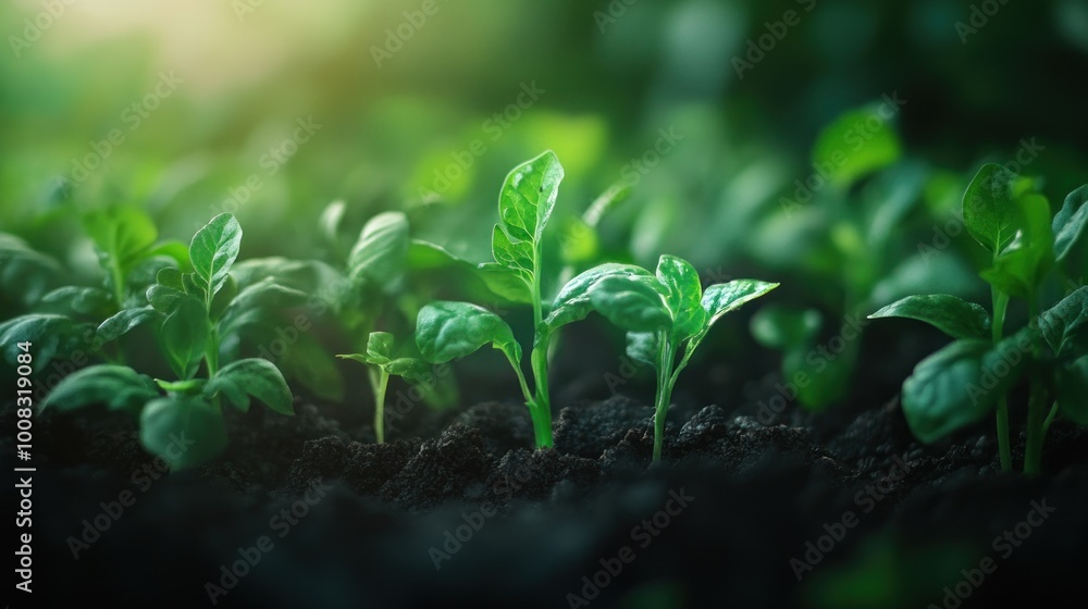 Green seedlings growing out of rich dark soil, with sunlight shining through the leaves. Green seedlings growing out of rich dark soil, with sunlight shining through the leaves.