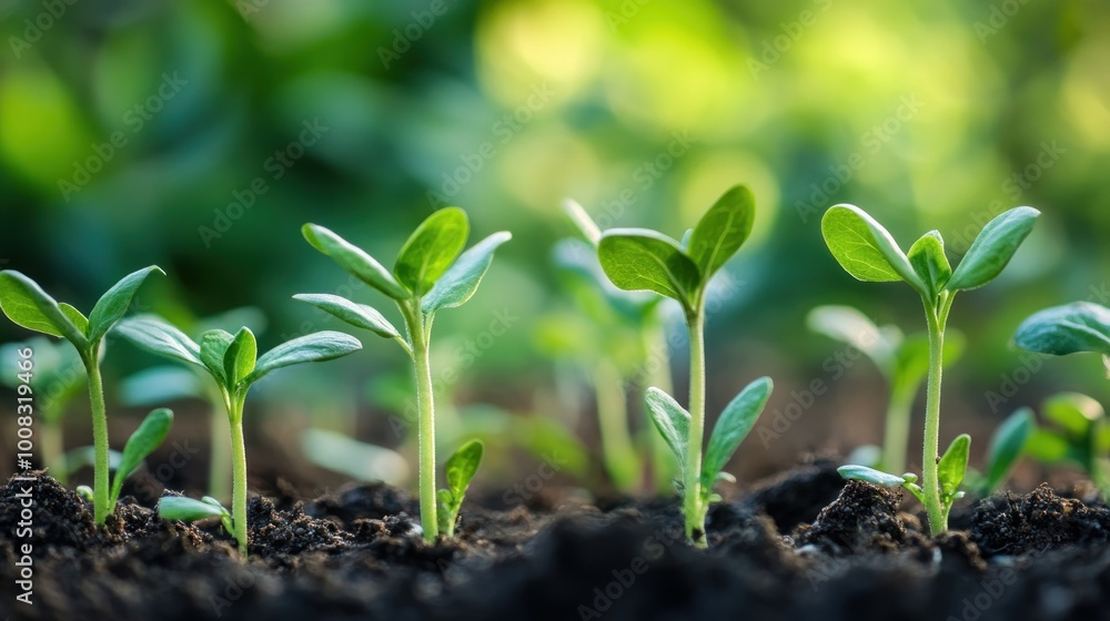 Closeup of green sprouts growing in soil with a blurry background. Closeup of green sprouts growing in soil with a blurry background.