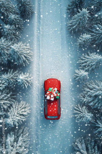 Wallpaper Mural Aerial view of Christmas decorated car carrying gifts in a winter forest covered with snow in snowfal. Torontodigital.ca