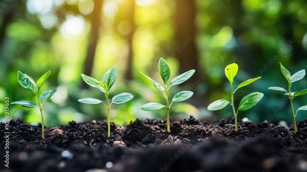 Five young green plants growing from the dark soil with a blurred background. Five young green plants growing from the dark soil with a blurred background.