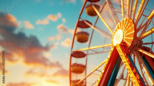 A large Ferris wheel glowing with bright lights during sunset, against a vibrant sky with clouds, creating a festive atmosphere. photo