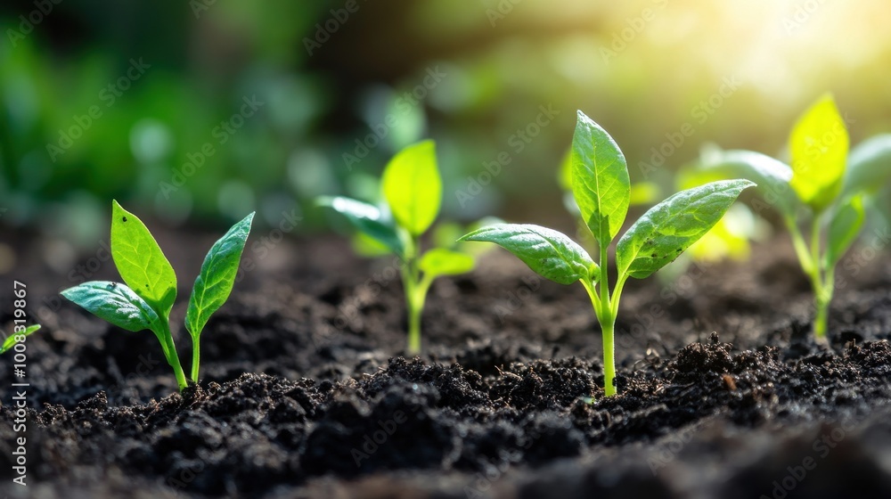 Close-up of young green sprouts growing in rich dark soil with a bright sun in the background. Close-up of young green sprouts growing in rich dark soil with a bright sun in the background.