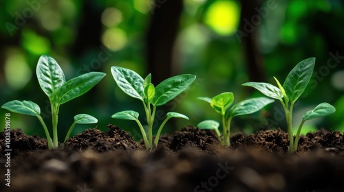 Closeup of young green plant sprouts growing in rich soil with a green blurred background.