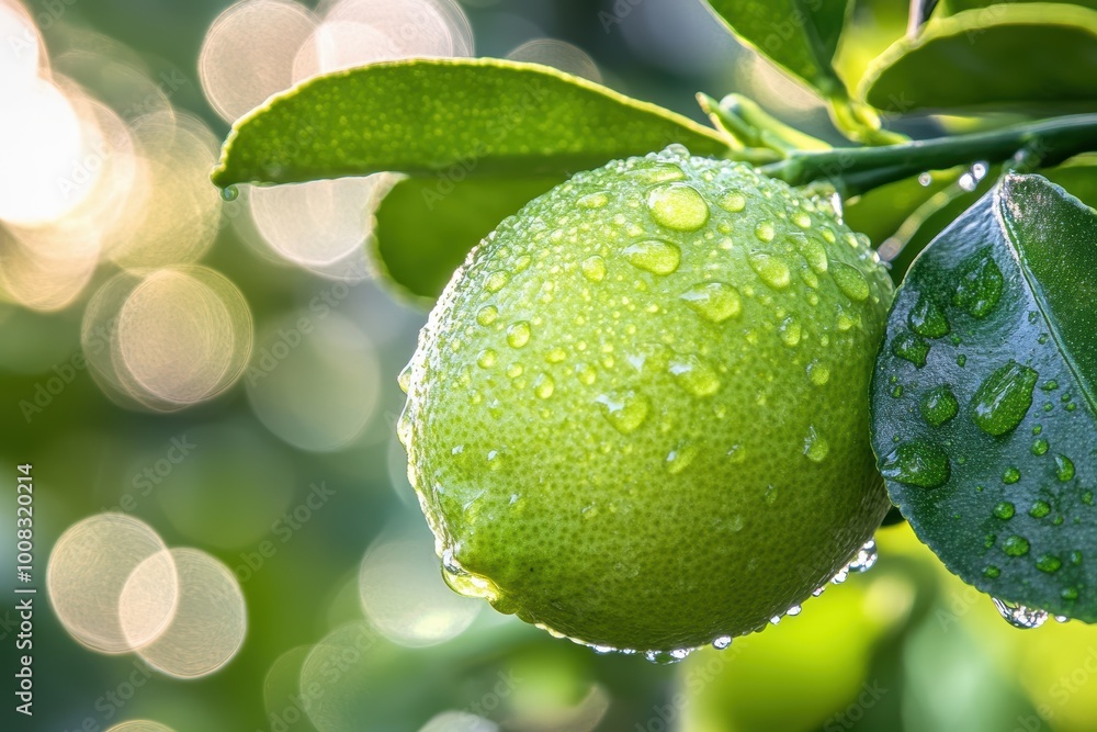 Fresh green lemon with water droplets on sunny day Fresh green lemon with water droplets on sunny day