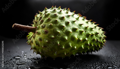 Close-up of fresh Soursop Fruit with water drops on a pitch black background photo