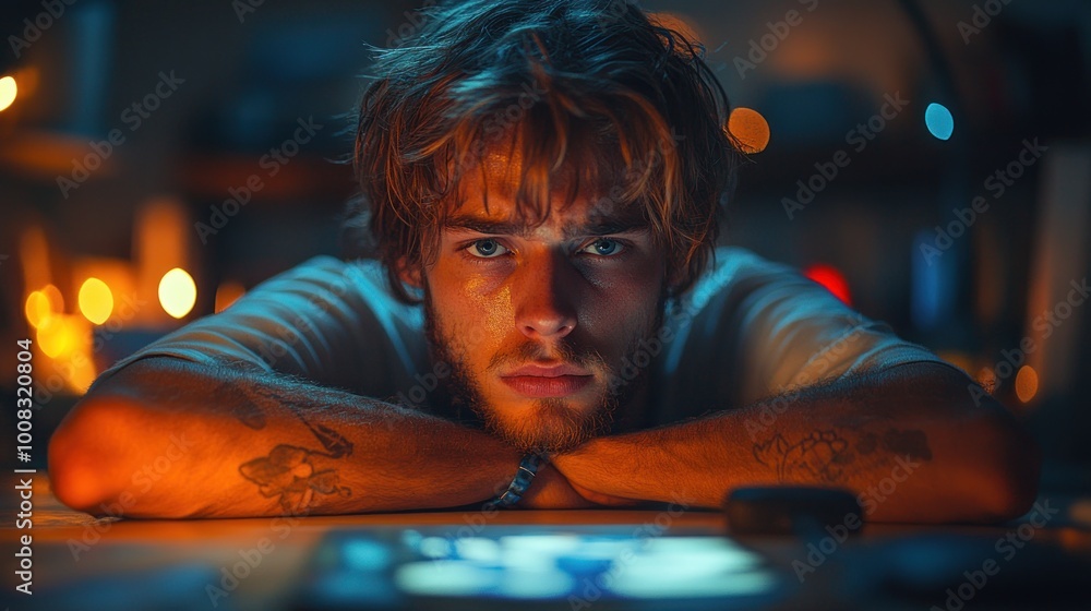 A young man with tattoos gazes thoughtfully at a dimly lit workspace. A young man with tattoos gazes thoughtfully at a dimly lit workspace.