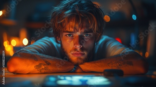 A young man with tattoos gazes thoughtfully at a dimly lit workspace.