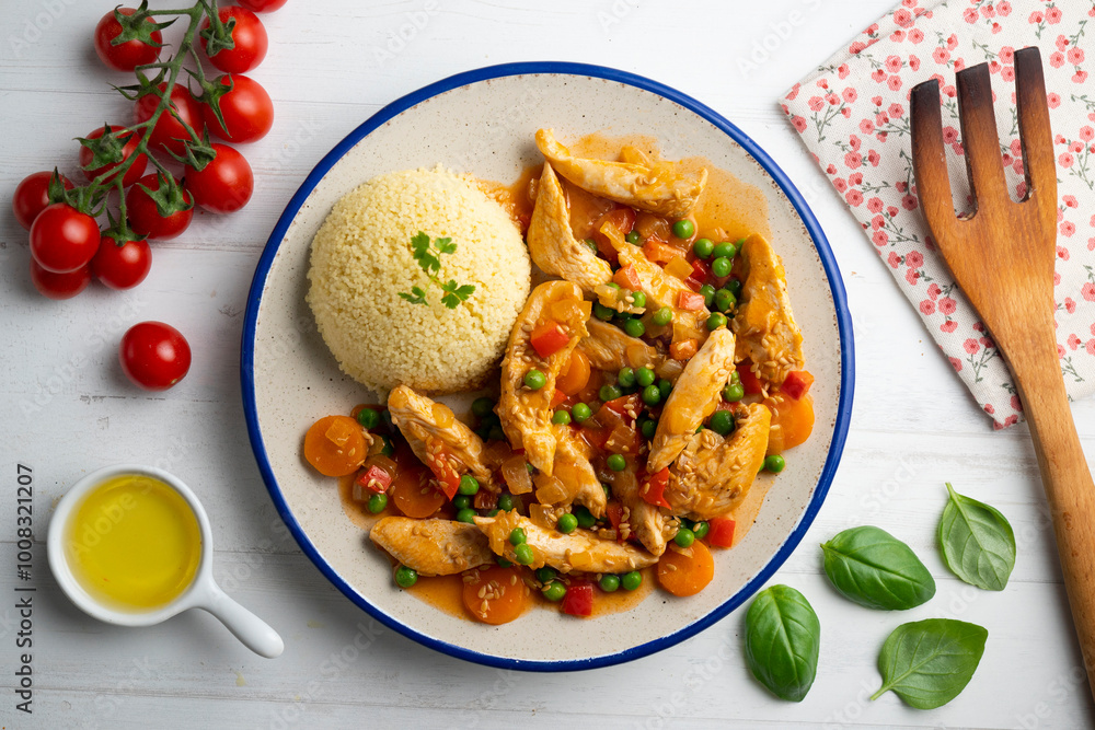 Fototapeta premium Sautéed chicken strips with vegetables and tomato sauce. Top view table with decoration.